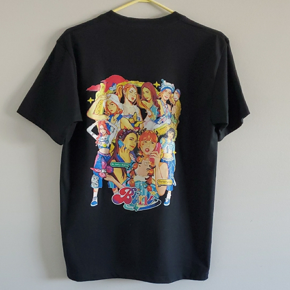 Unisex Bini Black Horse Black Adult Tee with Colorful Anime Girls Graphic Sz M